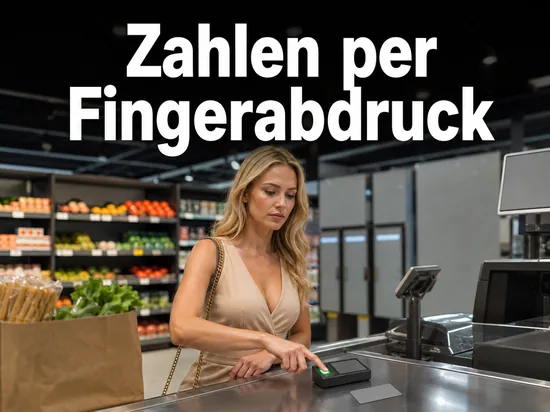 Blonde Frau an einer Supermarktkasse legt den Finger auf ein Fingerabdruck-Lesegerät