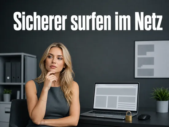 Laptop mit leerem Browserfenster und Vorhaengeschloss als Symbol fuer sicheres Surfen mit einem neuen Browser