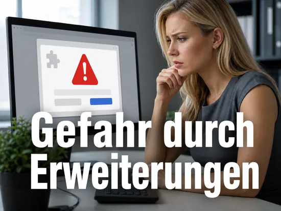 Besorgte Geschaeftsfrau vor einem Monitor mit Installationsdialog fuer eine Browser-Erweiterung und rotem Warnzeichen als Symbol fuer eine Sicherheitsluecke im Browser