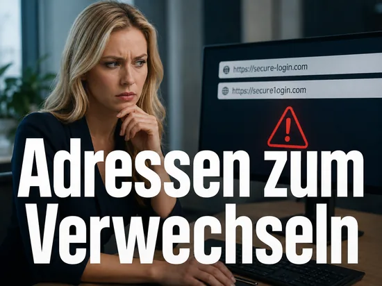 Misstrauische Geschaeftsfrau vor einem Monitor mit zwei fast identischen Internetadressen und rotem Warndreieck als Symbol fuer taeuschend aehnliche Domainnamen