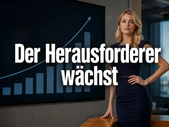 Geschaeftsfrau neben einem Monitor mit steigender Kurve und Balkendiagramm als Symbol fuer den wachsenden Marktanteil eines Browsers