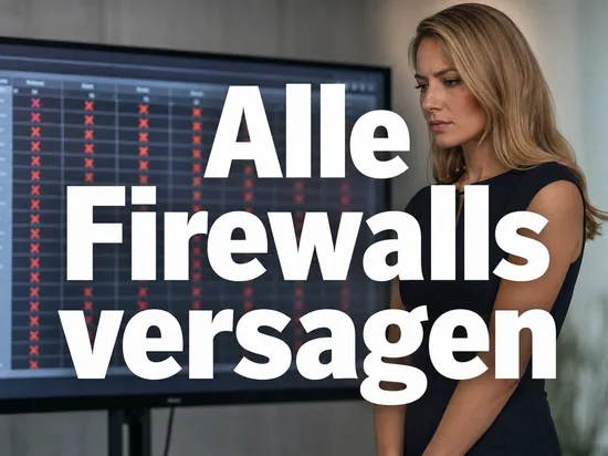 Ernuechterte Geschaeftsfrau vor einem Monitor mit Testergebnis-Tabelle voller roter Kreuze als Symbol fuer im Test versagende Firewalls