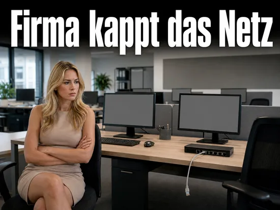 Grossraumbuero mit grauen Monitoren und herausgezogenem Netzwerkkabel