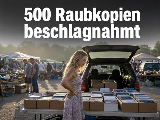 Frau an einem Flohmarktstand mit Kisten voller CD-Huellen: 500 Raubkopien beschlagnahmt
