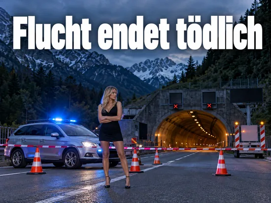 Frau an einer Absperrung vor einem Tunneleingang in den Bergen, daneben ein Polizeiwagen mit Blaulicht