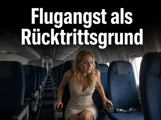 Angespannte Frau in einer leeren Flugzeugkabine, Schriftzug Flugangst als Ruecktrittsgrund