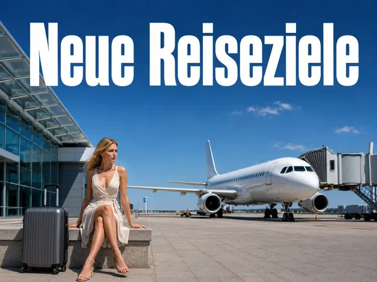 Flughafenterminal mit Rollkoffer im Vordergrund und einem Passagierflugzeug am Gate