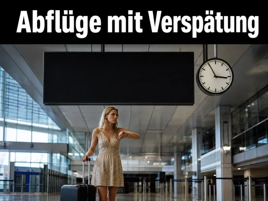 Frau mit Koffer in der Abflughalle vor leerer Anzeigetafel und Uhr, Schriftzug Abfluege mit Verspaetung