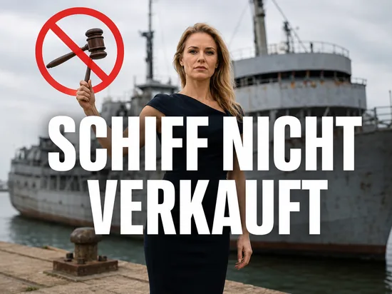 Blonde Geschäftsfrau am Hafenkai vor einem ausgemusterten Schiff mit Auktionshammer und rotem Verbotssymbol als Symbol für eine gestoppte Schiffsauktion