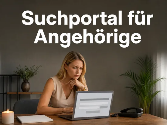 Frau am Laptop mit Suchformular, Kerze und Telefon, Schriftzug Suchportal fuer Angehoerige