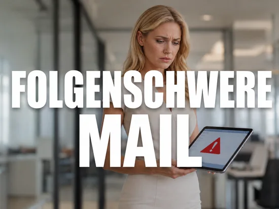 Geschaeftsfrau mit Tablet und rotem Warnsymbol im E-Mail-Programm als Symbol fuer eine folgenschwere E-Mail