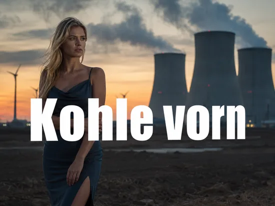 Rauchende Kuehltuerme eines Kohlekraftwerks in der Daemmerung mit stillstehenden Windraedern, davor eine Frau mit besorgtem Blick