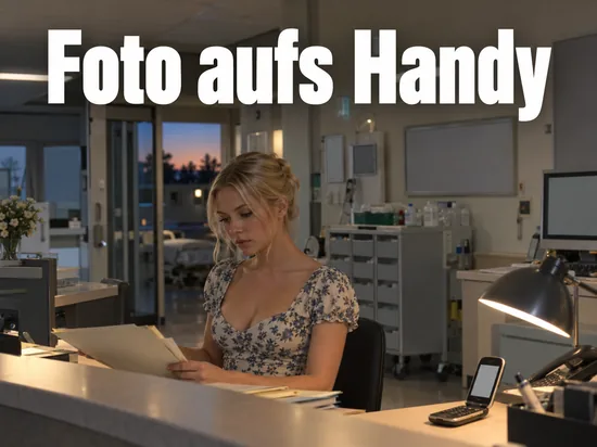 Frau sitzt abends an einem Tresen im Stationszimmer eines Krankenhauses, daneben liegt ein aufgeklapptes Klapphandy