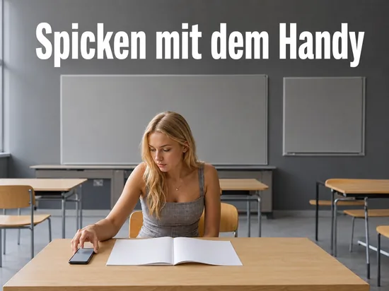 Schülerin in der Schulbank mit Handy und leerem Prüfungsbogen