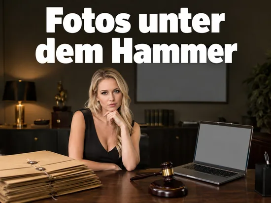 Frau im Kleid sitzt an einem Schreibtisch mit Fotoumschlaegen, Auktionshammer und Laptop