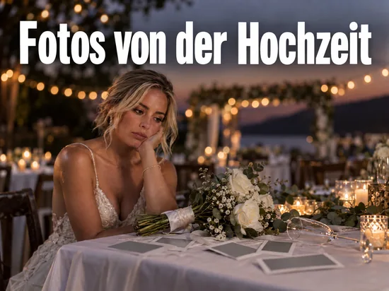 Frau im Brautkleid sitzt an einem Hochzeitstisch mit Brautstrauss und verstreuten Sofortbildern