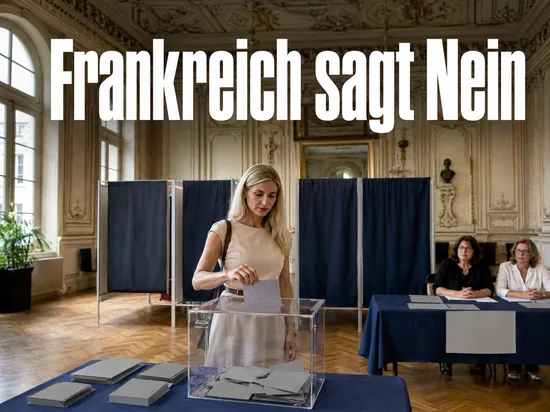 Frau wirft einen Stimmzettel in eine durchsichtige Wahlurne in einem Rathaussaal