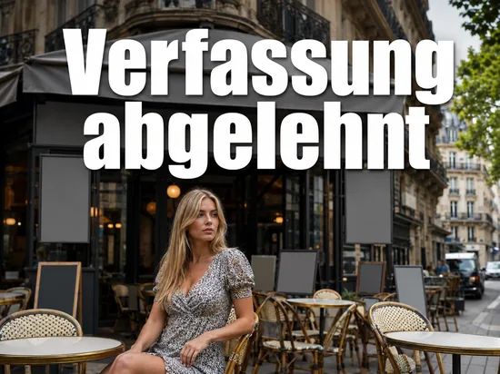 Frau sitzt in einem Pariser Strassencafe vor einer Haussmann-Fassade