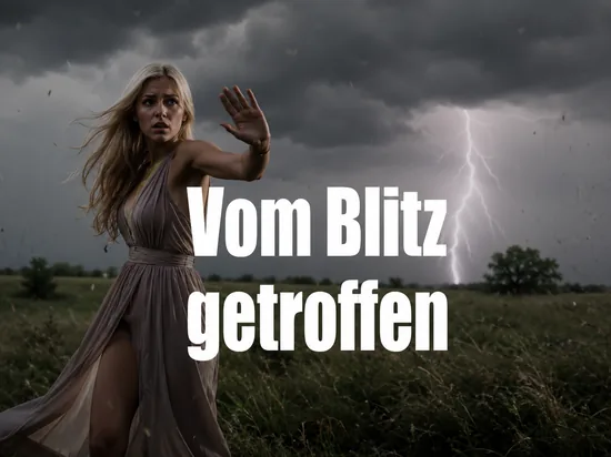 Dramatischer Gewitterhimmel mit einschlagendem Blitz ueber einer Wiese, davor eine Frau mit erschrockenem Blick