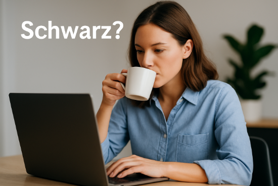 Junge Frau trinkt Kaffee vor einem Laptop am Schreibtisch, Schriftzug &bdquo;Schwarz?&ldquo; links oben im Bild.