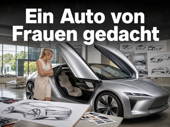 Frau neben einem Konzeptauto mit Fluegeltueren im Designstudio, Schriftzug Ein Auto von Frauen gedacht
