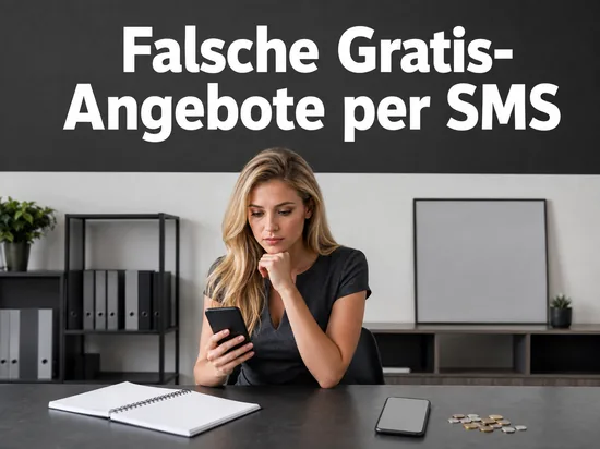 Frau am Schreibtisch mit Smartphone, Notizblock und Münzen