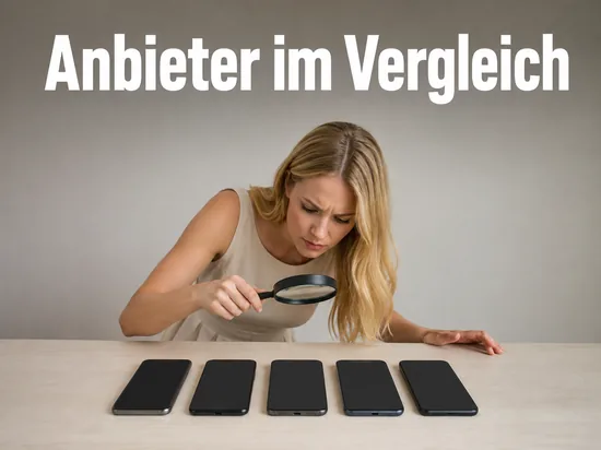 Frau mit Lupe vergleicht fuenf Handys auf dem Tisch, Schriftzug Anbieter im Vergleich