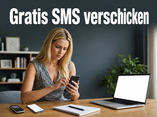 Frau tippt auf dem Handy neben Laptop und Notizblock, Schriftzug Gratis SMS verschicken