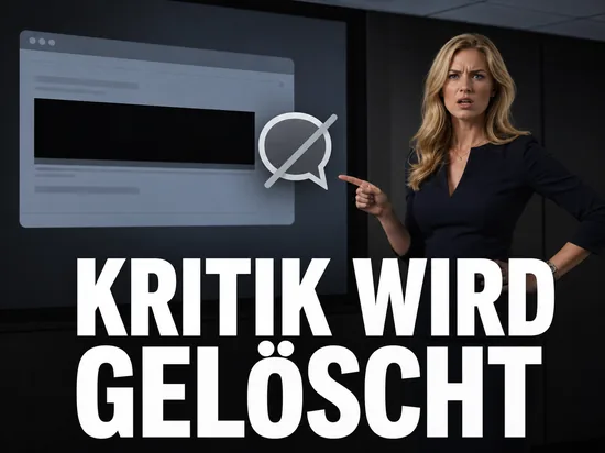 Empörte blonde Geschäftsfrau vor einem Bildschirm mit geschwärzter Webseite und durchgestrichener Sprechblase als Symbol für gelöschte Firmenkritik