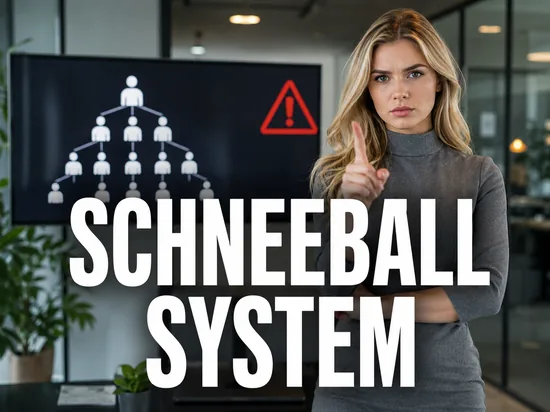 Blonde Geschaeftsfrau warnt vor Bildschirm mit Pyramidengrafik und Warnsymbol, Schriftzug Schneeball System