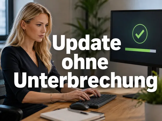 Geschaeftsfrau tippt am Schreibtisch waehrend auf dem Monitor ein Update-Fortschrittsbalken mit gruenem Haken laeuft als Symbol fuer Patches ohne Arbeitsunterbrechung