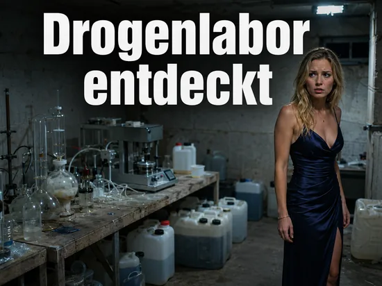 Frau in einem improvisierten Kellerlabor mit Glaskolben, Tablettenpresse und Chemiekanistern: Drogenlabor in Freiburg ausgehoben