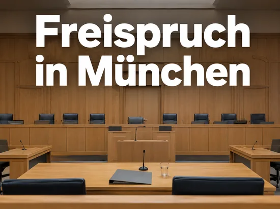 Leerer Gerichtssaal mit Richterbank, Aktenmappe und Wasserglas