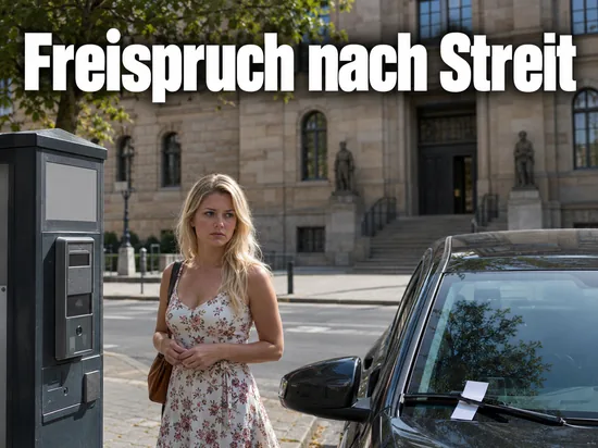 Frau in Sommerkleid steht vor einem Gerichtsgebaeude neben einem Auto mit Strafzettel hinter dem Scheibenwischer