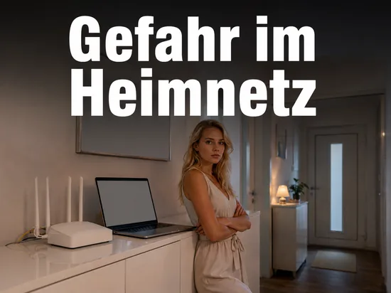 WLAN-Router und Notebook mit leerem Bildschirm auf einem Sideboard