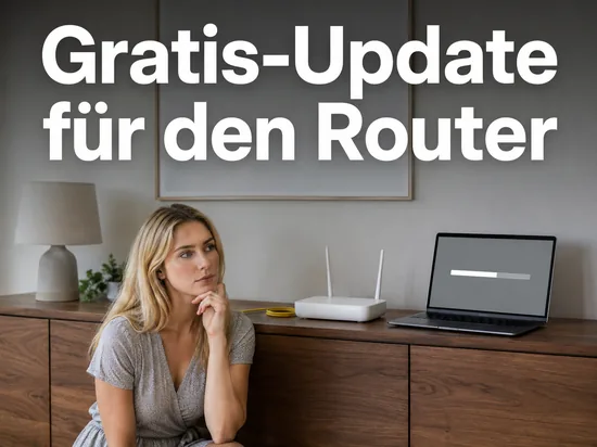 DSL-Router neben einem Laptop mit Fortschrittsbalken als Symbol fuer ein kostenloses Firmware-Update