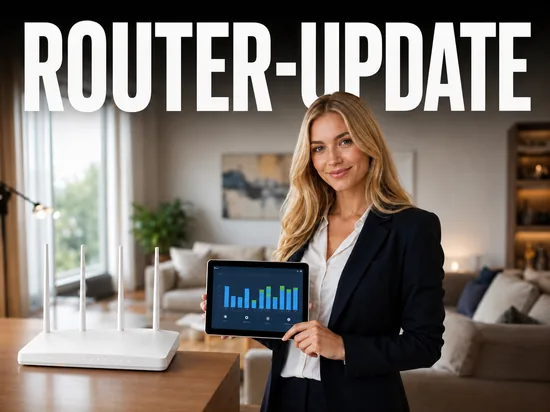 Blonde Geschaeftsfrau haelt Tablet mit Netzwerk-Monitor neben WLAN-Router, Schriftzug Router-Update
