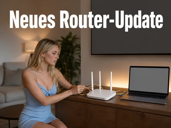 WLAN-Router auf einem Sideboard neben einem Laptop im Wohnzimmer