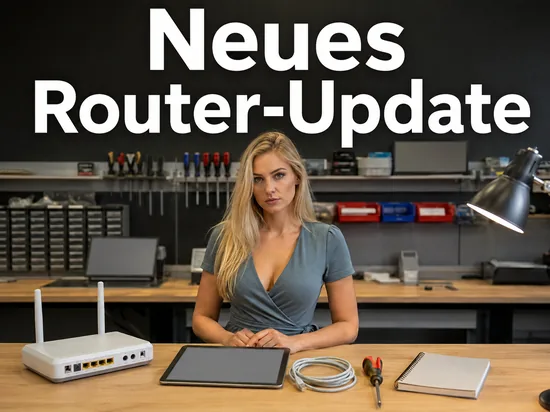 Router mit Antennen neben einem Tablet mit leerer Anzeige auf einem Werkstatttisch