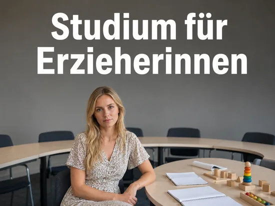 Frau in einem Seminarraum mit Notizheften und Holzspielzeug