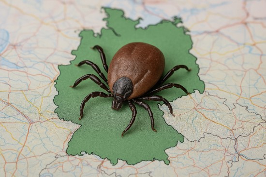 Gro&szlig;e Zecke sitzt zentral auf einer Deutschlandkarte ohne St&auml;dtenamen, Fokus auf Zecke als Gefahrensymbol f&uuml;r FSME-Risikogebiete.