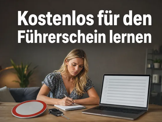Frau lernt am Laptop mit Verkehrsschild und Autoschluessel, Schriftzug Kostenlos fuer den Fuehrerschein lernen