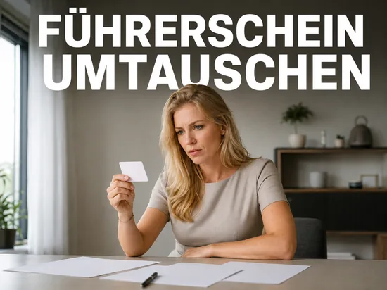 Führerschein umtauschen: Frau prüft ihren alten Kartenführerschein am Schreibtisch