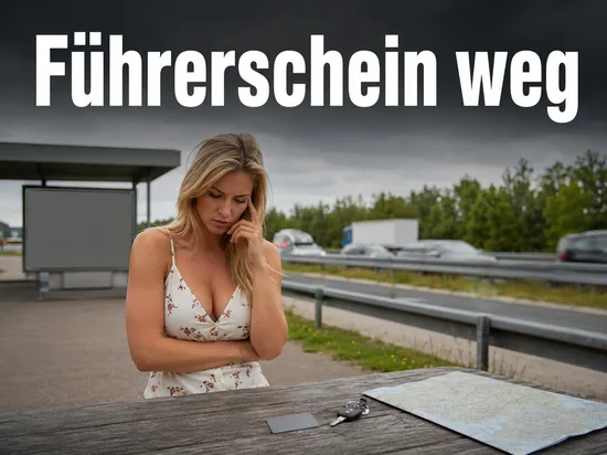 Frau an einem Rastplatztisch mit Autoschlüssel, Karte und einer grauen Ausweiskarte
