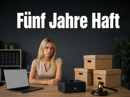 Schreibtisch mit Laptop, Versandkartons, Geldkassette und Richterhammer