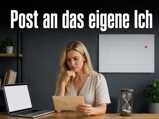 Frau am Schreibtisch mit Briefumschlag, Sanduhr und Kalender, Schriftzug Post an das eigene Ich