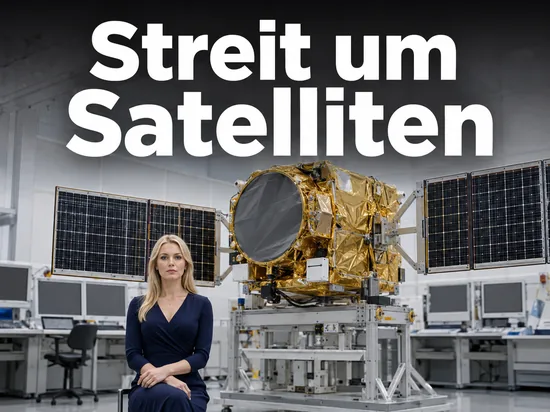 Frau sitzt in einem Reinraum vor einem Navigationssatelliten mit Solarpaneelen