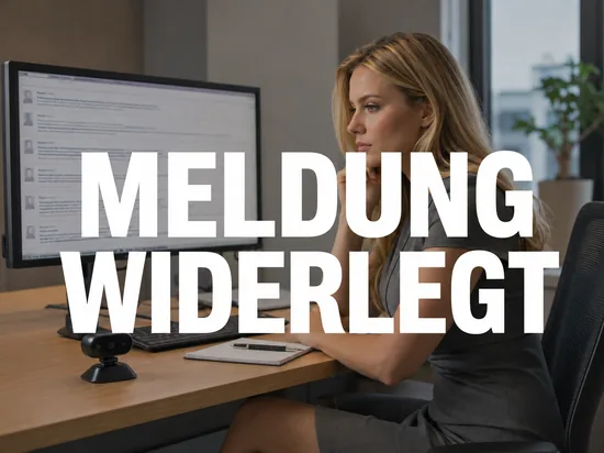 Blonde Geschaeftsfrau am Schreibtisch mit abgeschalteter Webcam blickt auf eine Forumsseite, Schriftzug Meldung widerlegt