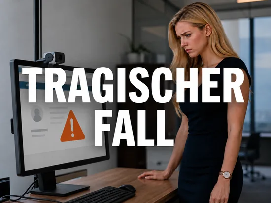 Blonde Geschaeftsfrau blickt betroffen auf Monitor mit Warndreieck und Webcam, Schriftzug Tragischer Fall