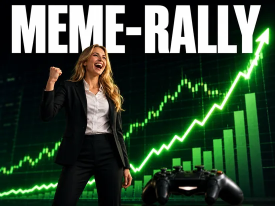 Blonde Geschaeftsfrau vor steil steigendem Aktienkurs, Symbolbild Meme-Rally